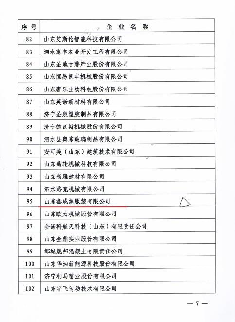 喜訊！山東鑫成源服裝有限公司入選濟寧市“專精特新”企業